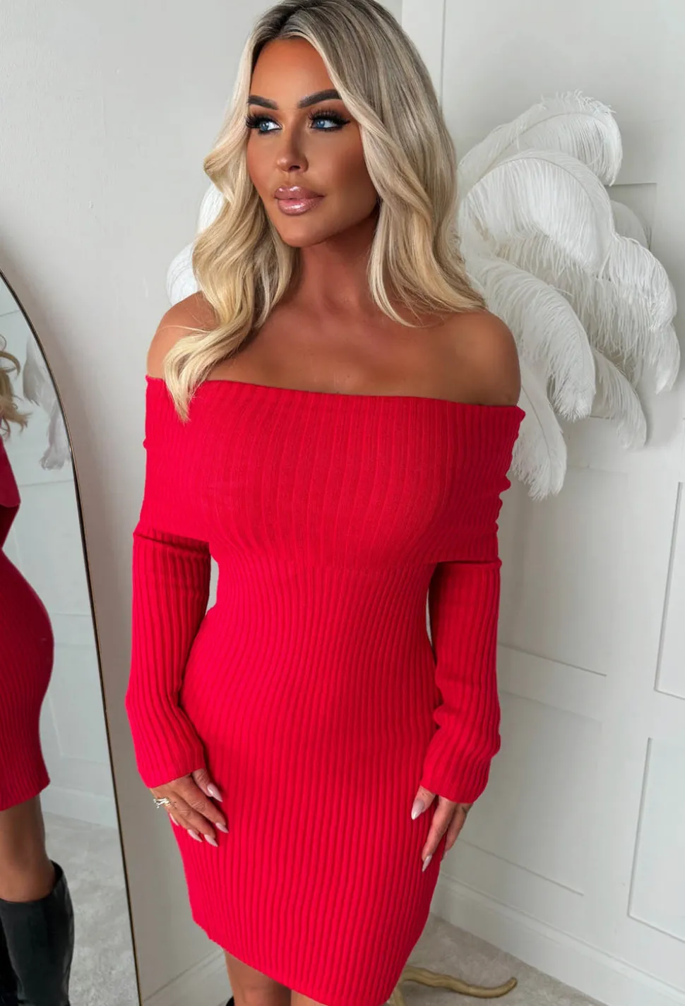 So Cosy Red Bardot Ultra Soft Knitted Dress