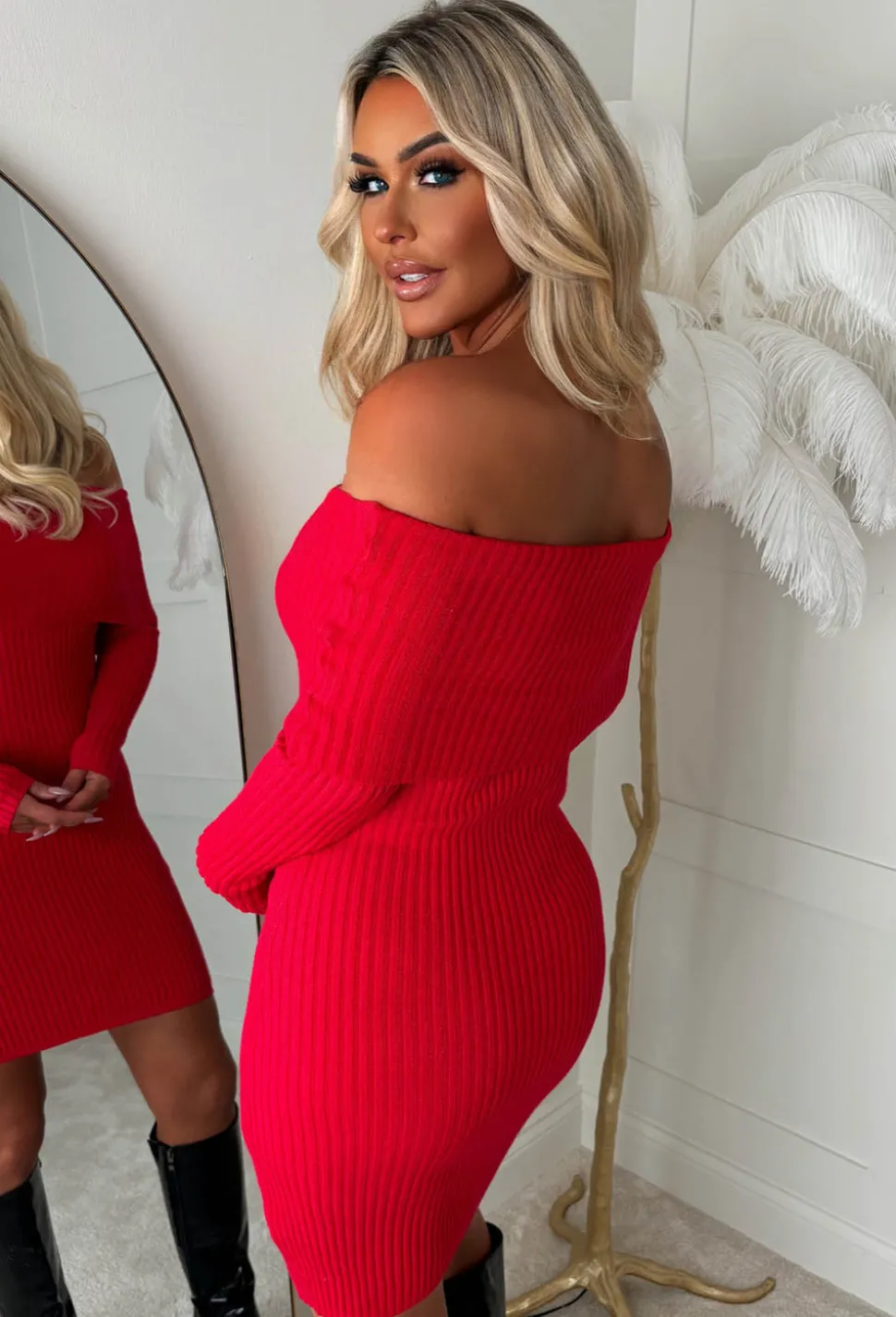 So Cosy Red Bardot Ultra Soft Knitted Dress