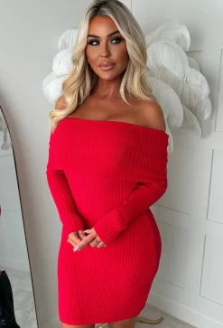 So Cosy Red Bardot Ultra Soft Knitted Dress