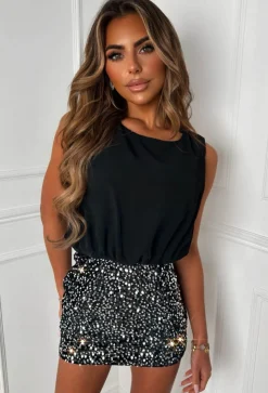 So Excited Black Sequin Skirt Sleeveless Dress