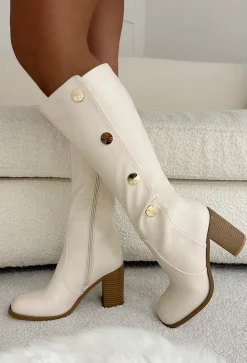 Something Real Cream Gold Button Detail Knee High Boots