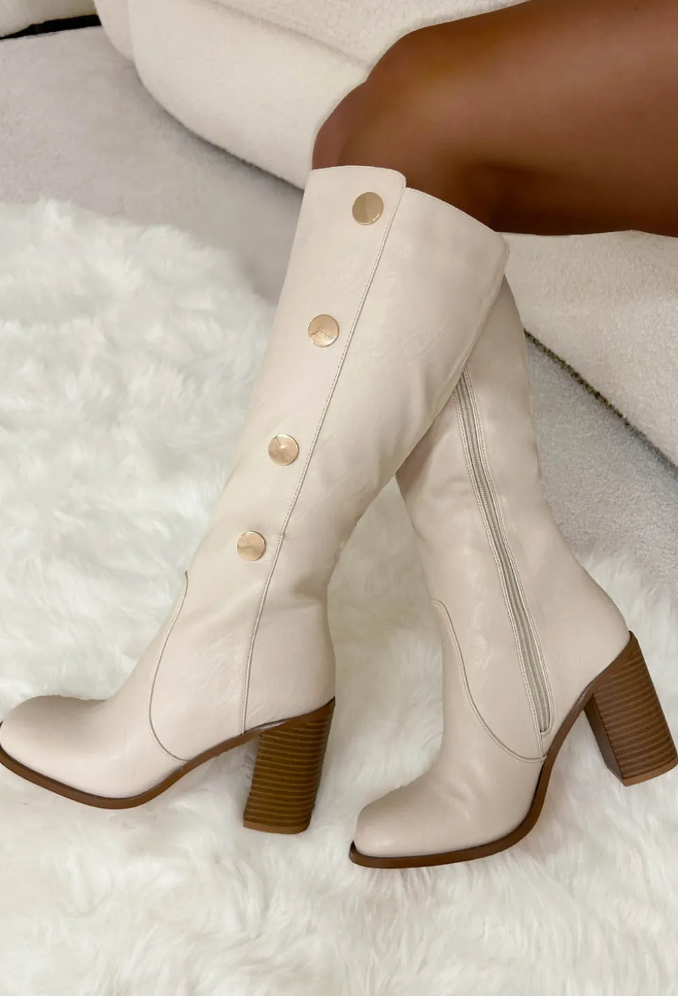 Something Real Cream Gold Button Detail Knee High Boots