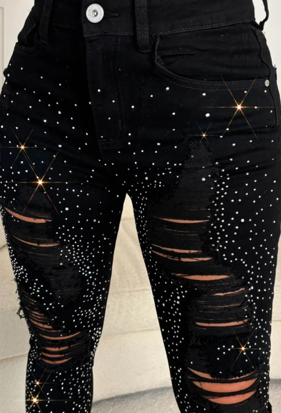 Sparkle Days Black Sparkle Ripped Stretch Jeans