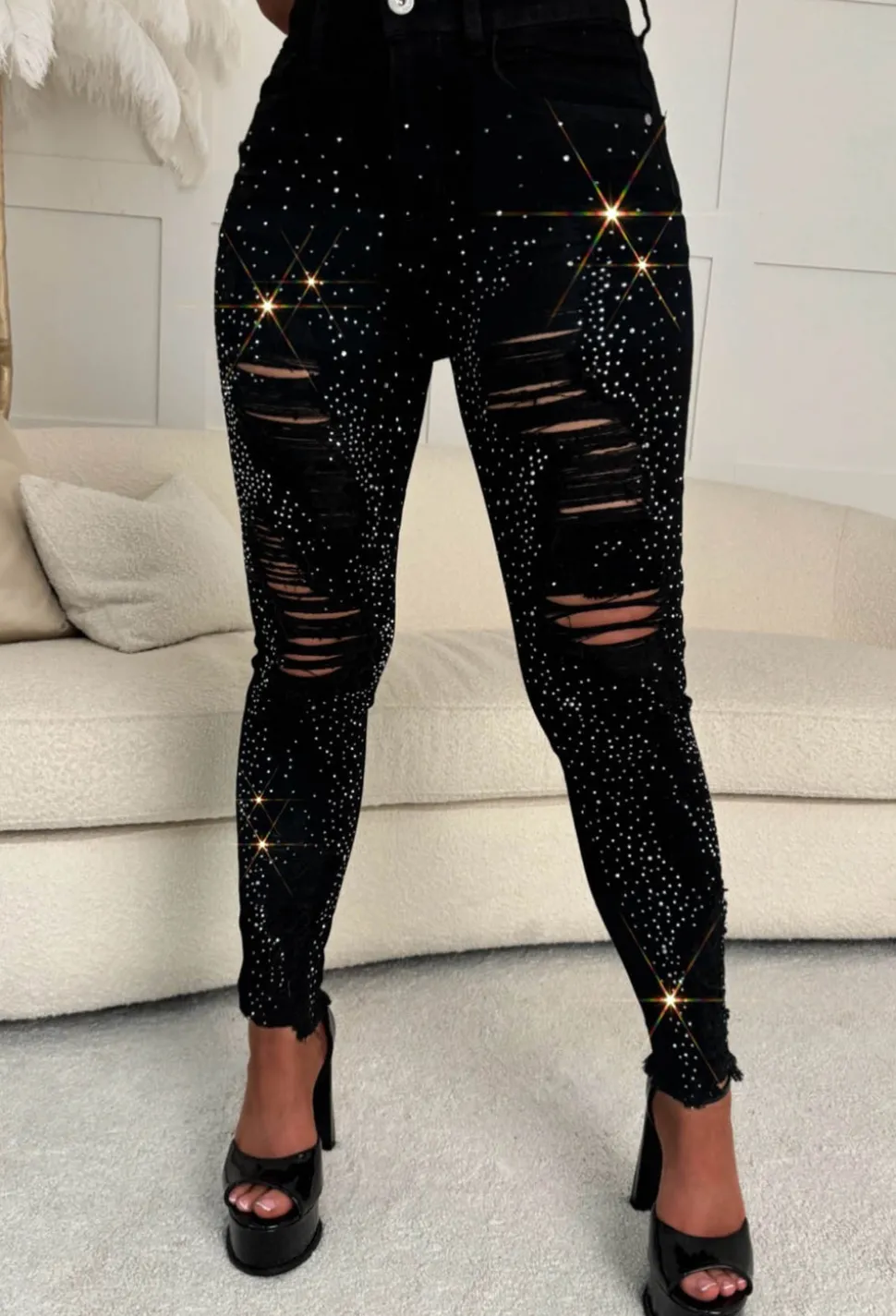 Sparkle Days Black Sparkle Ripped Stretch Jeans