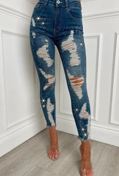 Sparkle Days Dark Blue Sparkle Ripped Stretch Jeans