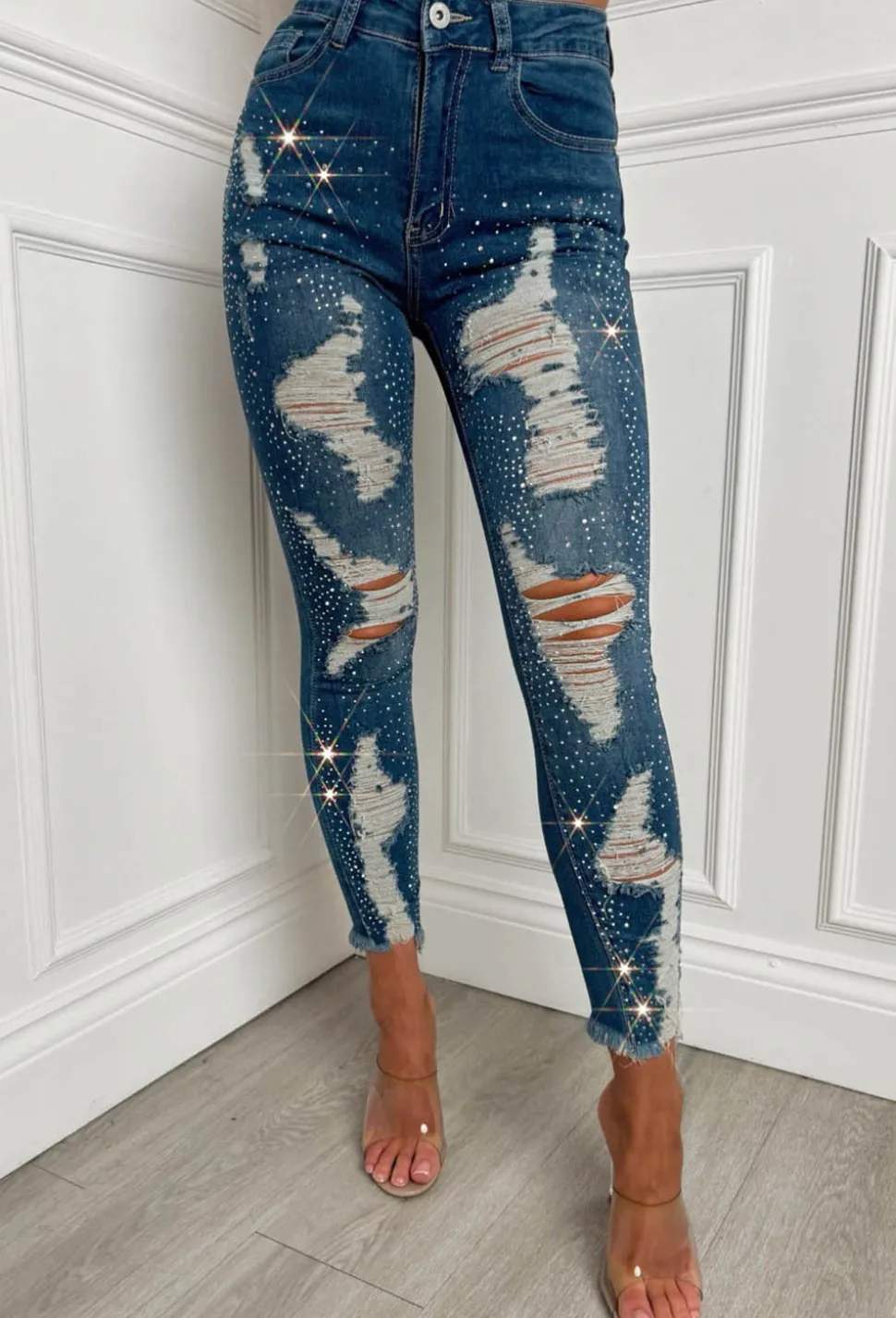 Sparkle Days Dark Blue Sparkle Ripped Stretch Jeans