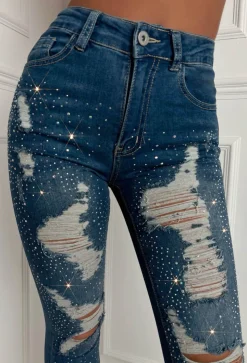 Sparkle Days Dark Blue Sparkle Ripped Stretch Jeans