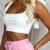 Special Love White Bow Strap Square Neck Crop Top