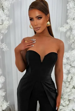 Stand Out Babe Black Bandeau Slit Leg Jumpsuit
