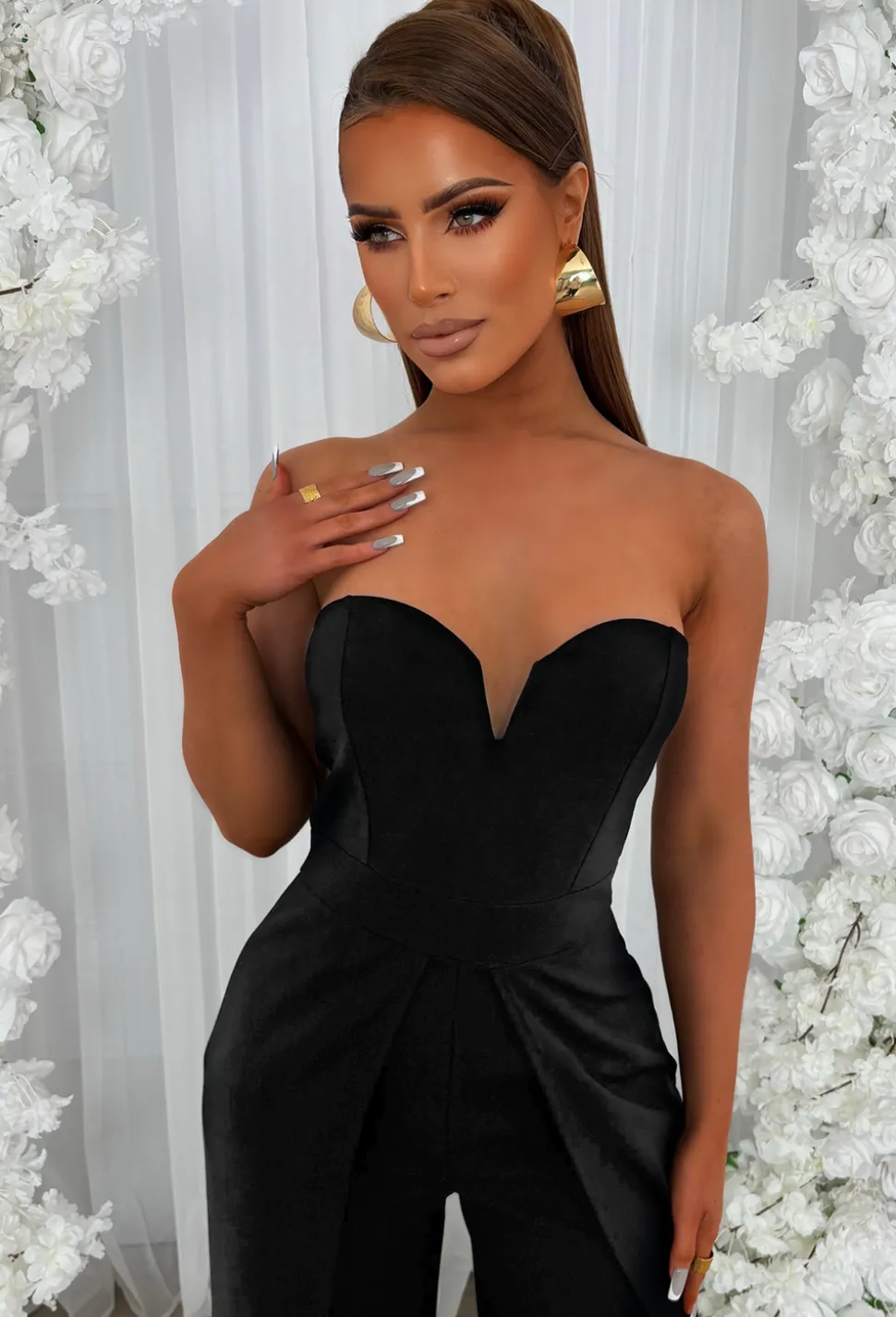 Stand Out Babe Black Bandeau Slit Leg Jumpsuit