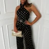 Star Crossed Black Foil Spot Halterneck Jumpsuit