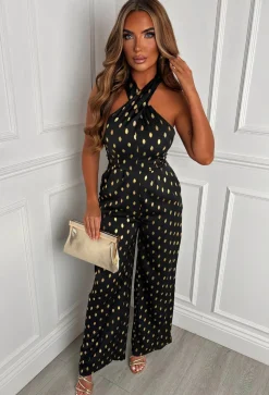 Star Crossed Black Foil Spot Halterneck Jumpsuit