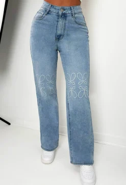 Star Power Mid Wash Embroidered Detail Straight Leg Jeans