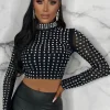 Starlit Black Diamond Gem Sheer Mesh Long Sleeve Top