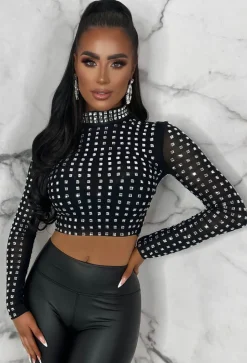Starlit Black Diamond Gem Sheer Mesh Long Sleeve Top