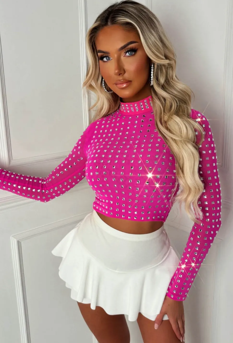 Starlit Hot Pink Diamond Gem Sheer Mesh Long Sleeve Top