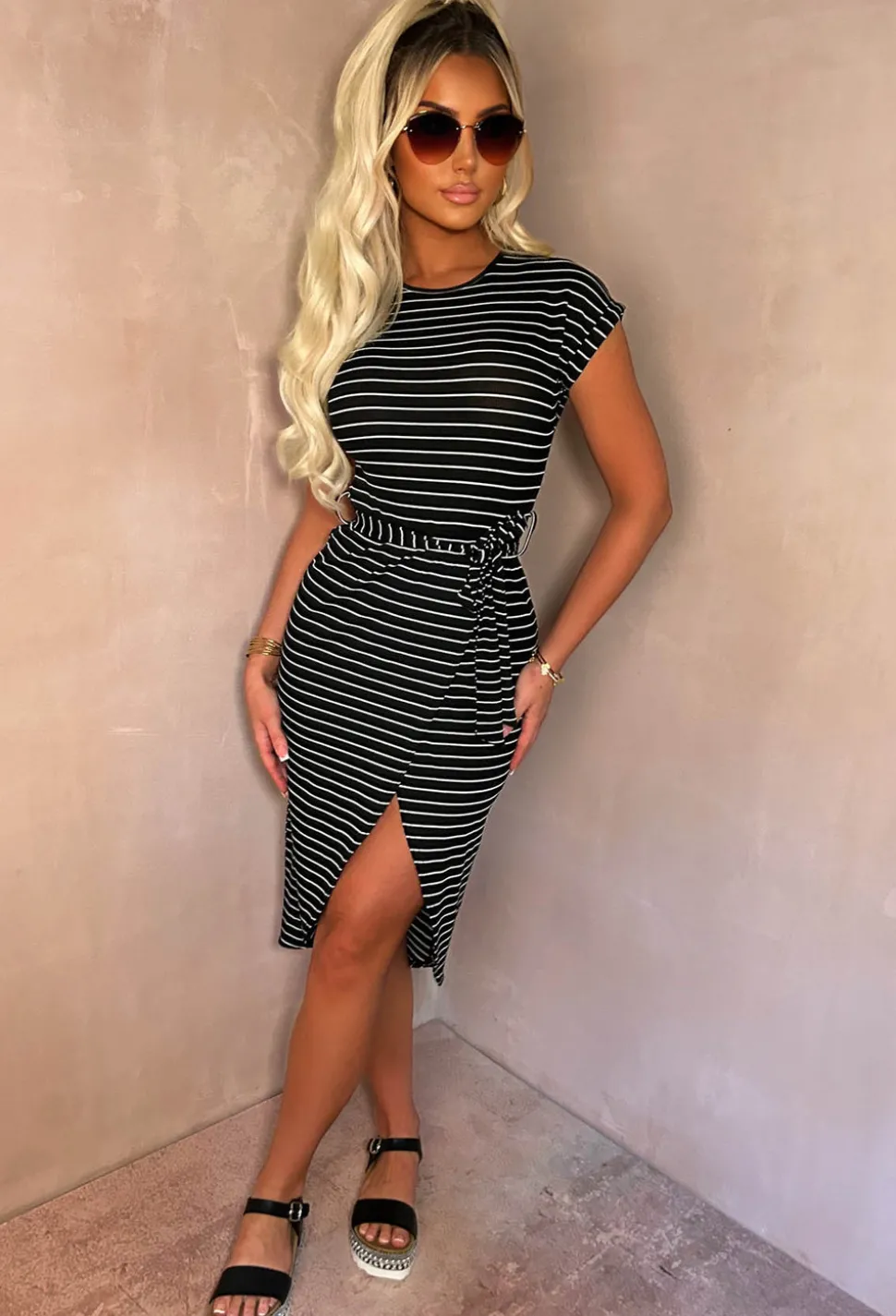 Stay In Line Black Short Sleeve Belted Striped Midi Dress