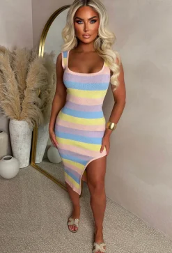 Striped & Chic Multi Sleeveless Knitted Leg Split Midi Dress
