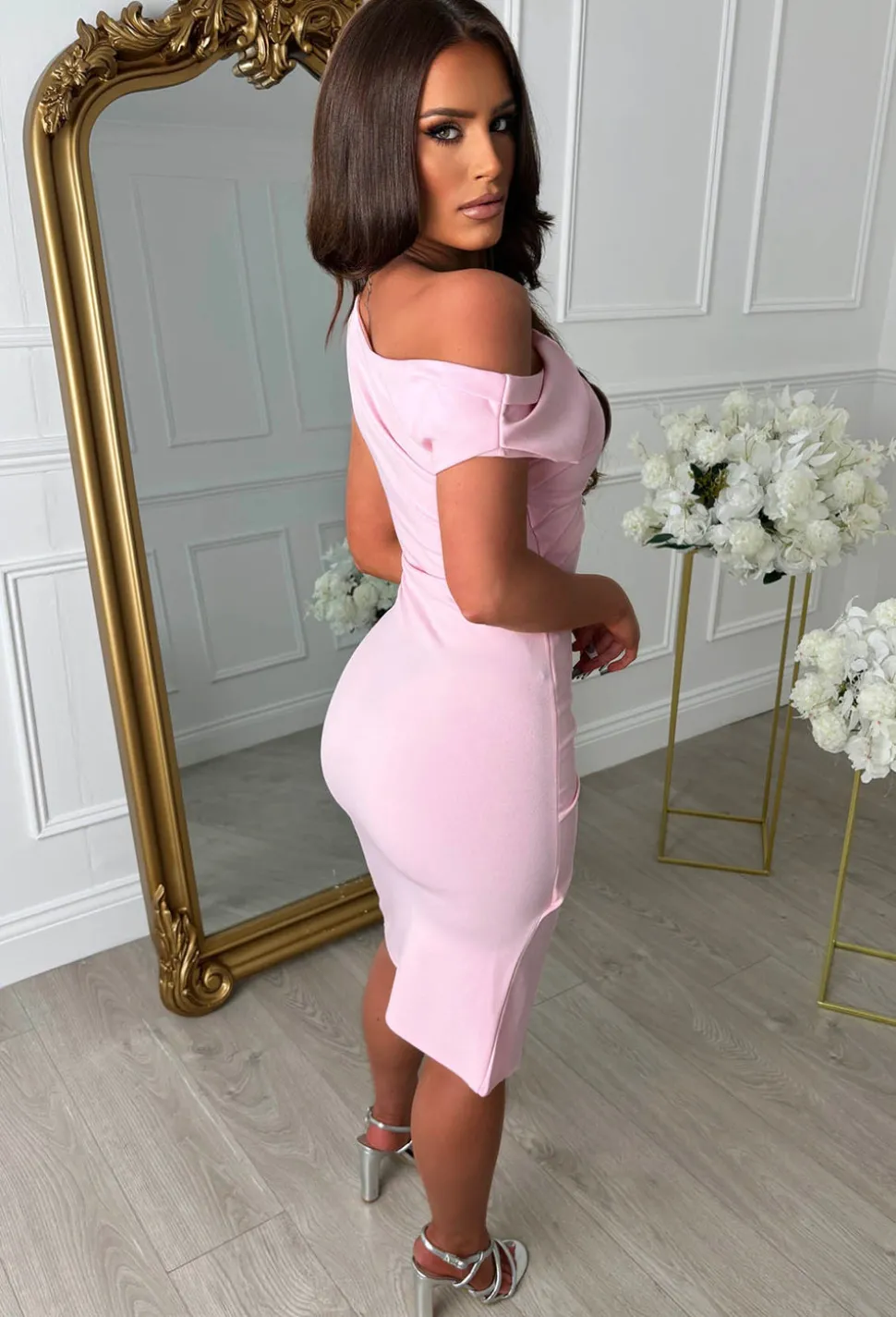 Stunning Sister Pink Off Shoulder Ruched Midi Dress
