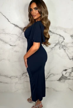 Stylish Doll Navy Super Soft Stretch Slinky Ruched Front Midi Dress