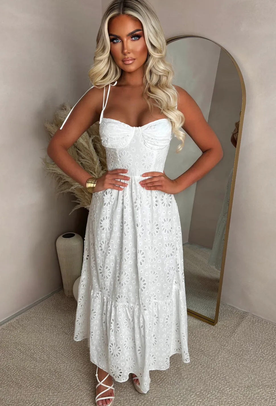 Summer Seduction White Broiderie Tie Strap Maxi Dress