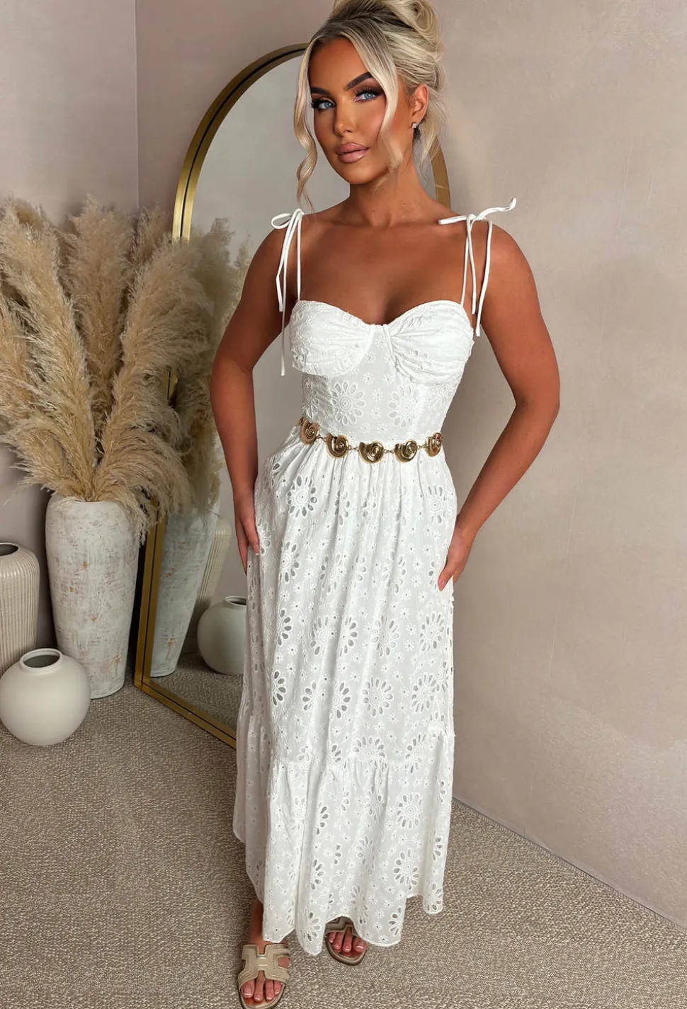 Summer Seduction White Broiderie Tie Strap Maxi Dress