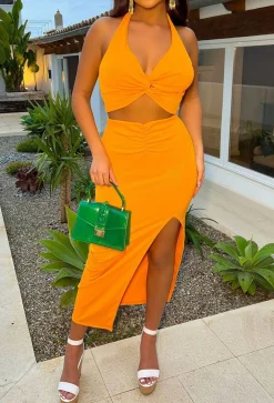 Sun N Spritz Orange Twist Front Crop Top And Midi Skirt Co-Ord