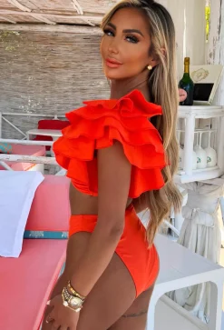 Sun-Kissed Orange Ruffle Detail Bikini With High Waist Brief
