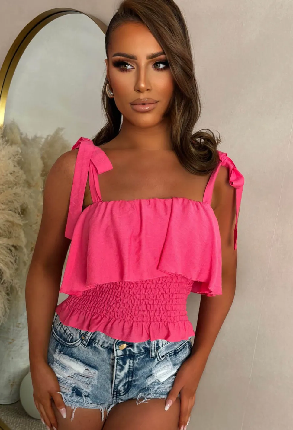 Sunkissed Seduction Pink Shirred Tie Shoulder Top