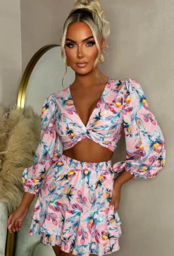 Sunkissed Siren Light Pink Knot Detail Ruffle Skirt Co-Ord