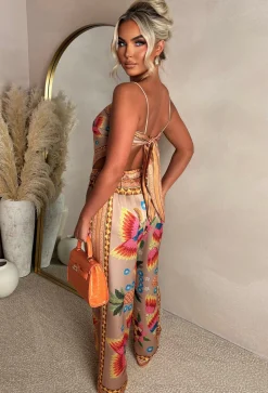 Sunkissed Sizzle Taupe Satin Top And Trouser Co-Ord