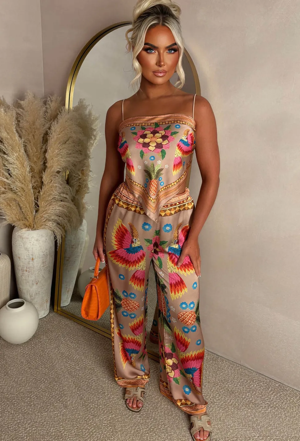 Sunkissed Sizzle Taupe Satin Top And Trouser Co-Ord