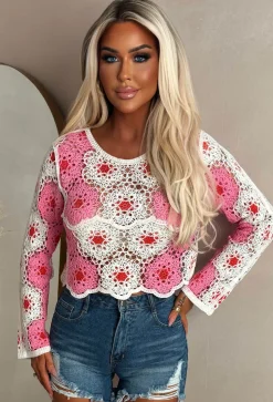 Sunkissed Style Pink Flower Crochet Jumper
