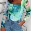 Sunset Memories Green Printed Mesh Ruched Top