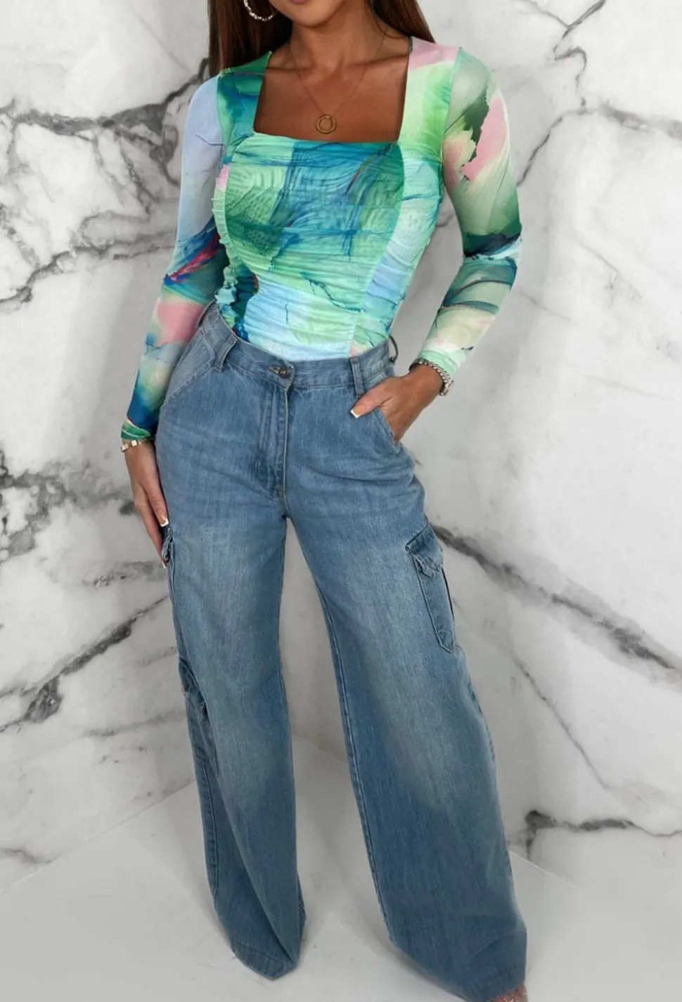 Sunset Memories Green Printed Mesh Ruched Top