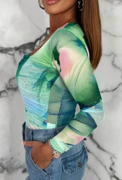 Sunset Memories Green Printed Mesh Ruched Top