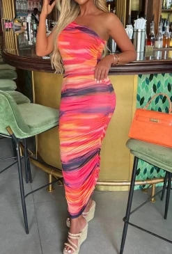 Sunset Moment Orange Ultra Soft Touch Slinky One Shoulder Midi Dress