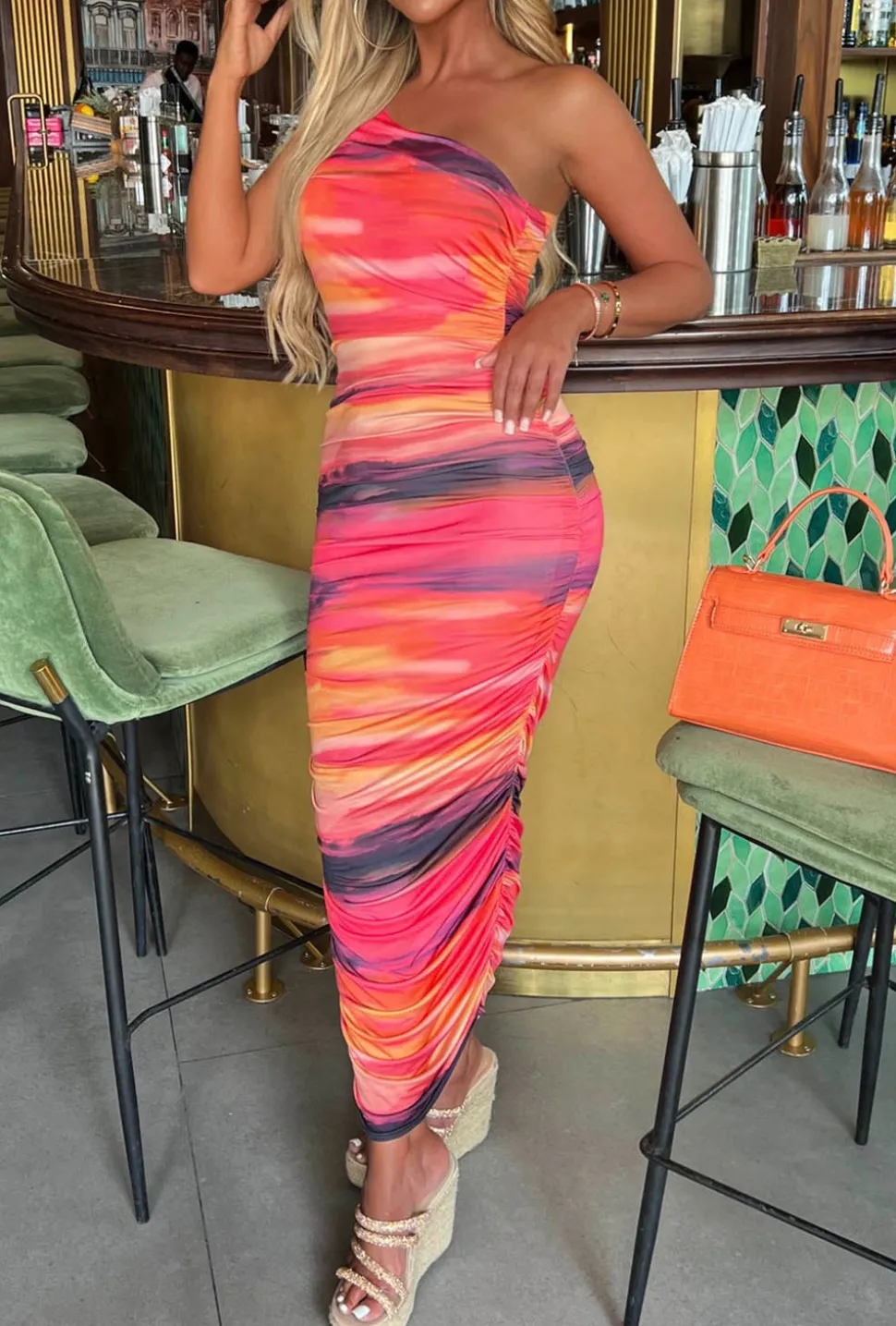 Sunset Moment Orange Ultra Soft Touch Slinky One Shoulder Midi Dress
