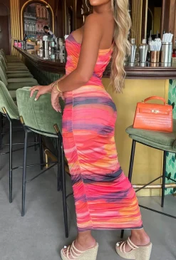Sunset Moment Orange Ultra Soft Touch Slinky One Shoulder Midi Dress