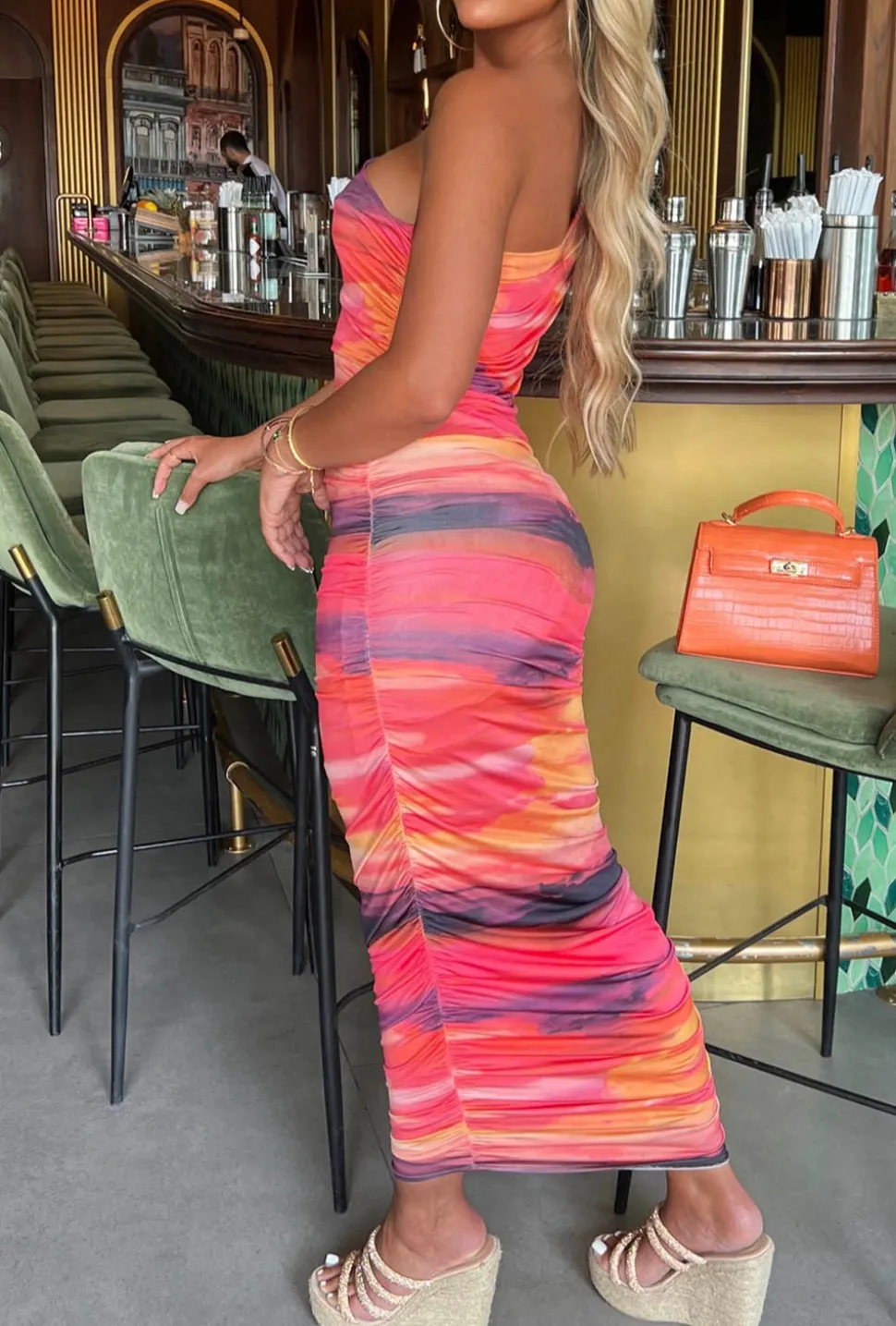 Sunset Moment Orange Ultra Soft Touch Slinky One Shoulder Midi Dress