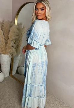 Sunset Seduction Blue Embroidered Tie Dye Maxi Dress