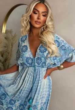 Sunset Seduction Blue Embroidered Tie Dye Maxi Dress