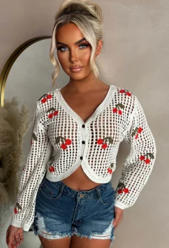 Sweet Cherry Cream Cherry Crochet Cardigan