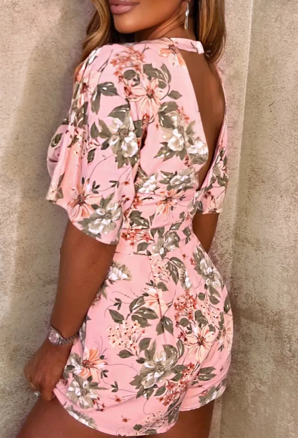 Sweet Nights Pink Floral Print Belted Wrap Playsuit