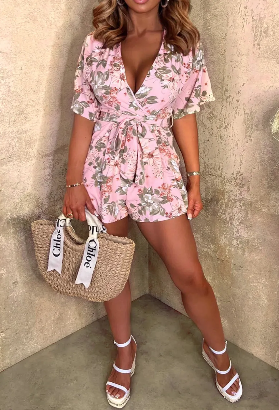 Sweet Nights Pink Floral Print Belted Wrap Playsuit