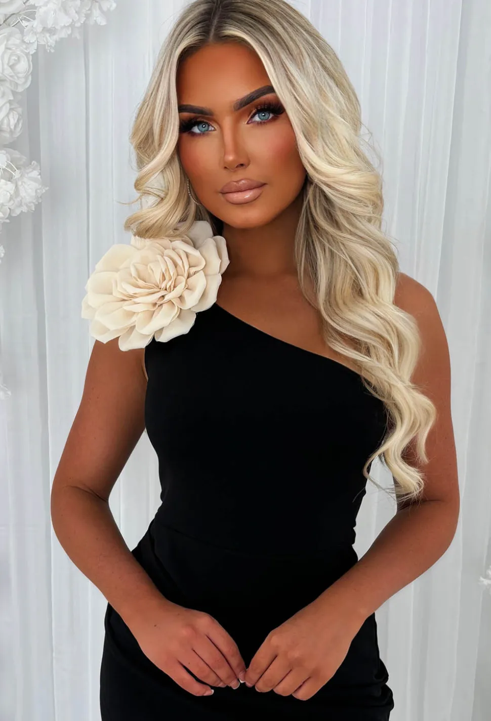 Sweetheart Shine Black One Shoulder Contrast Corsage Midi Dress