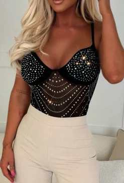 Take A Hint Black Sheer Embellished Bodysuit