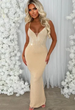 Take Me Away Nude Hotfix Strappy Plunge Dress