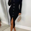 Take My Heart Black Gold Heart Button Long Sleeve Knitted Midi Dress