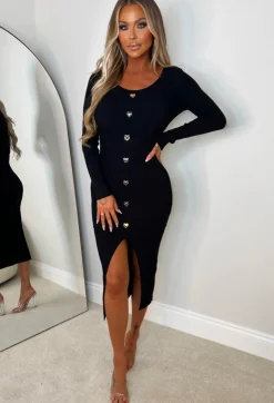 Take My Heart Black Gold Heart Button Long Sleeve Knitted Midi Dress